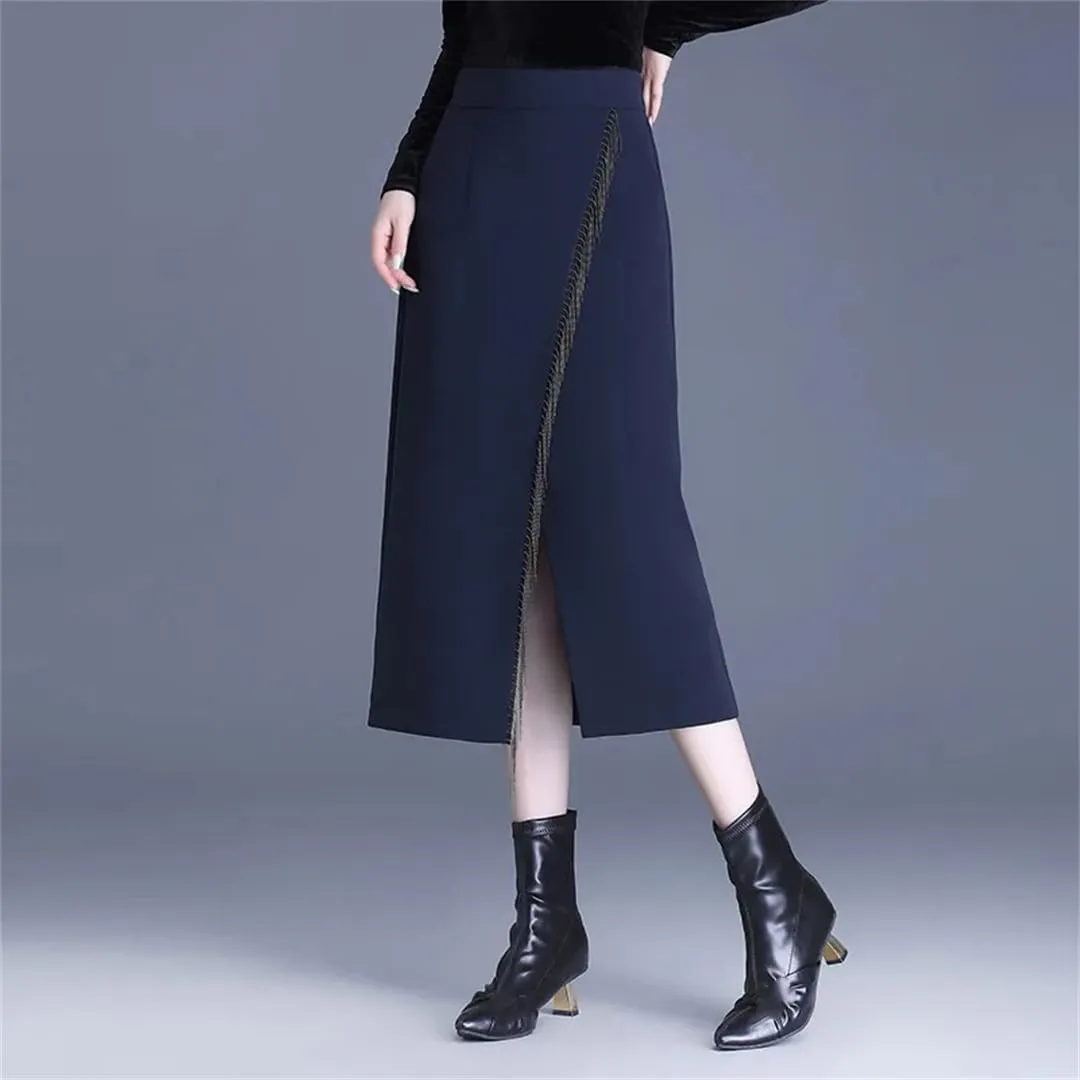 Women's Irregular Tassel Office Midi Skirt High Waisted Split Skirts
