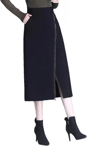 Women's Irregular Tassel Office Midi Skirt High Waisted Split Skirts