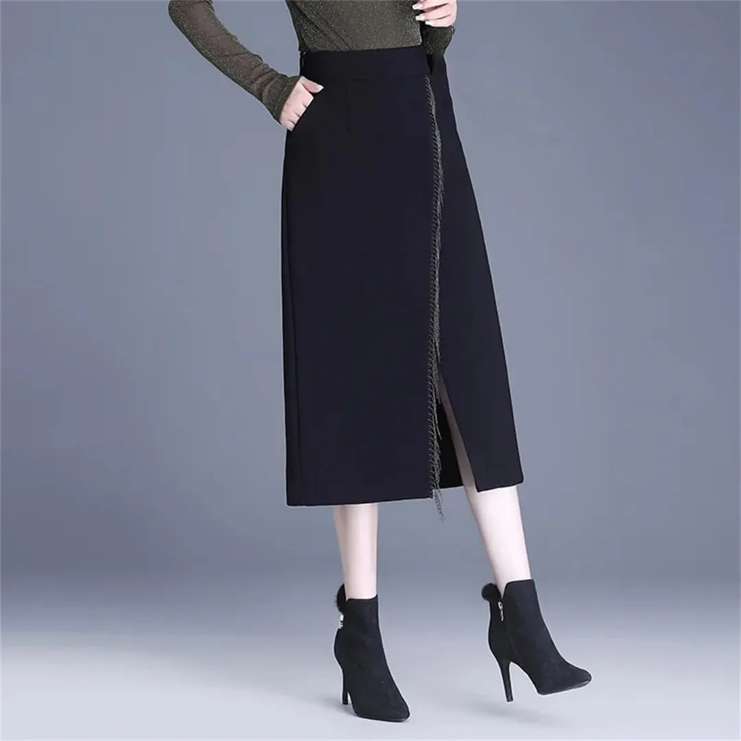 Women's Irregular Tassel Office Midi Skirt High Waisted Split Skirts