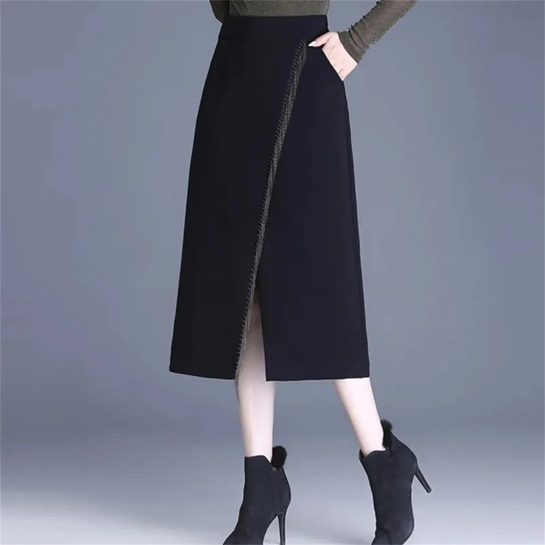 Women's Irregular Tassel Office Midi Skirt High Waisted Split Skirts