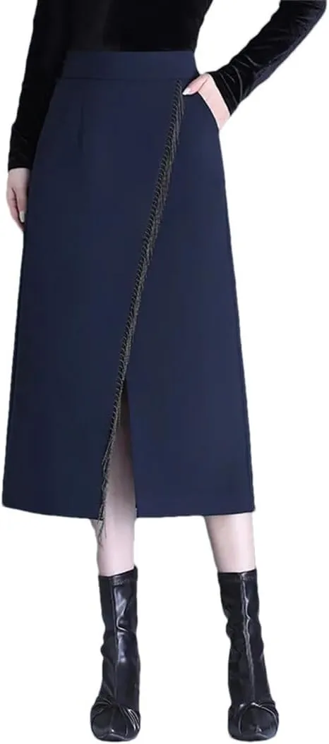 Women's Irregular Tassel Office Midi Skirt High Waisted Split Skirts