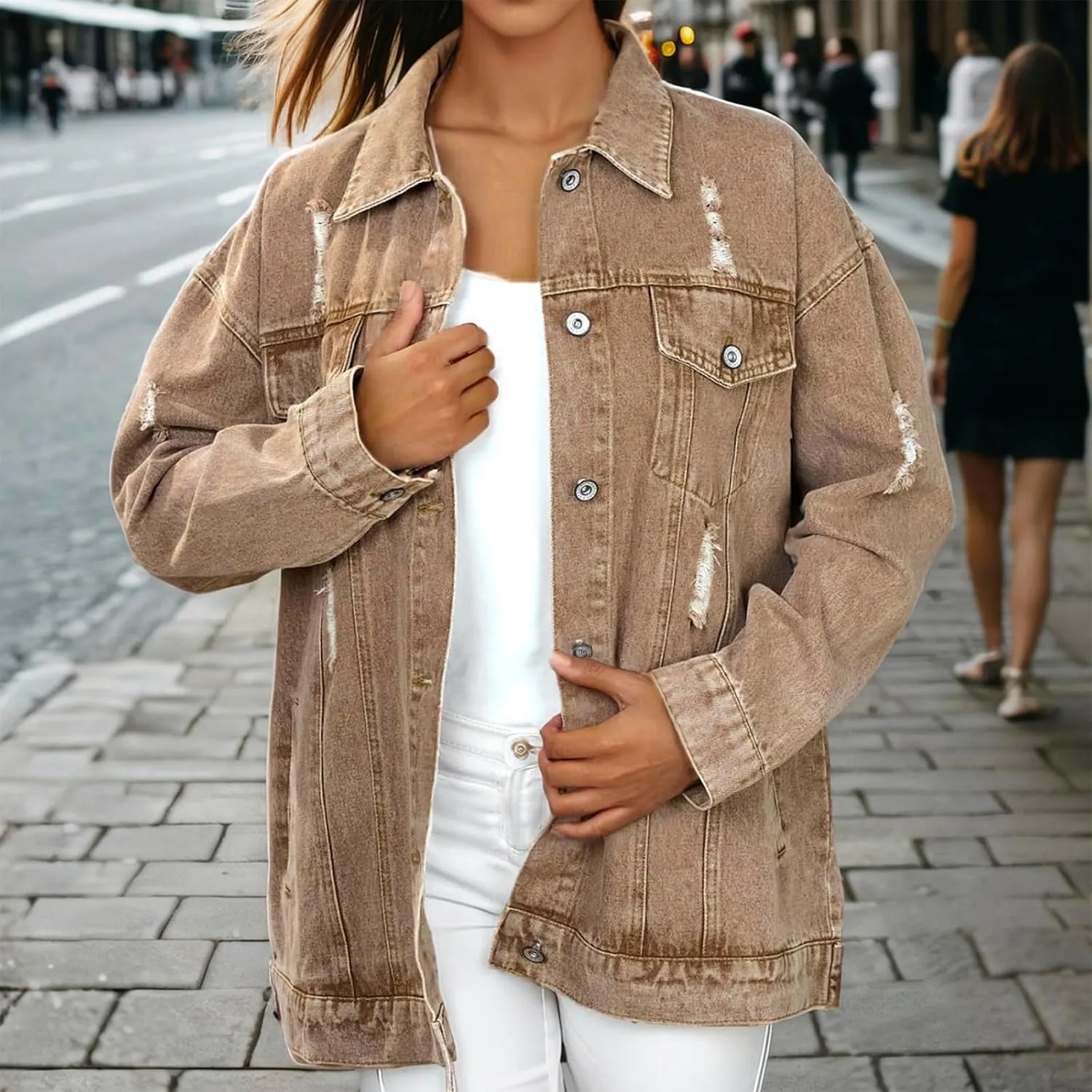 Women's Jean Jacket Denim Distressed Oversized Ripped Long Boyfriend Jacket Fall Soft Shacket Trucker Coat