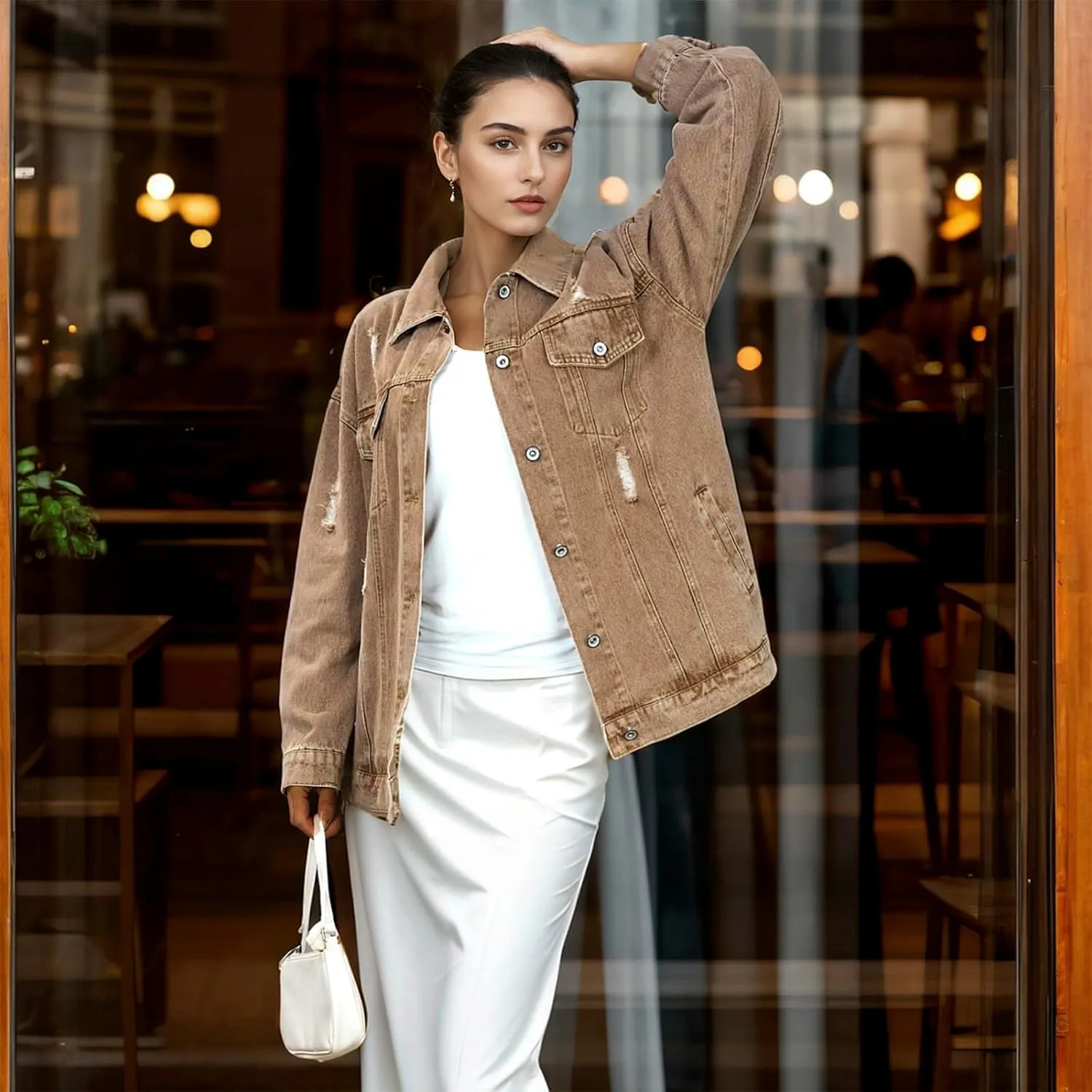Women's Jean Jacket Denim Distressed Oversized Ripped Long Boyfriend Jacket Fall Soft Shacket Trucker Coat