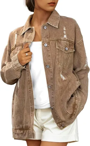 Women's Jean Jacket Denim Distressed Oversized Ripped Long Boyfriend Jacket Fall Soft Shacket Trucker Coat