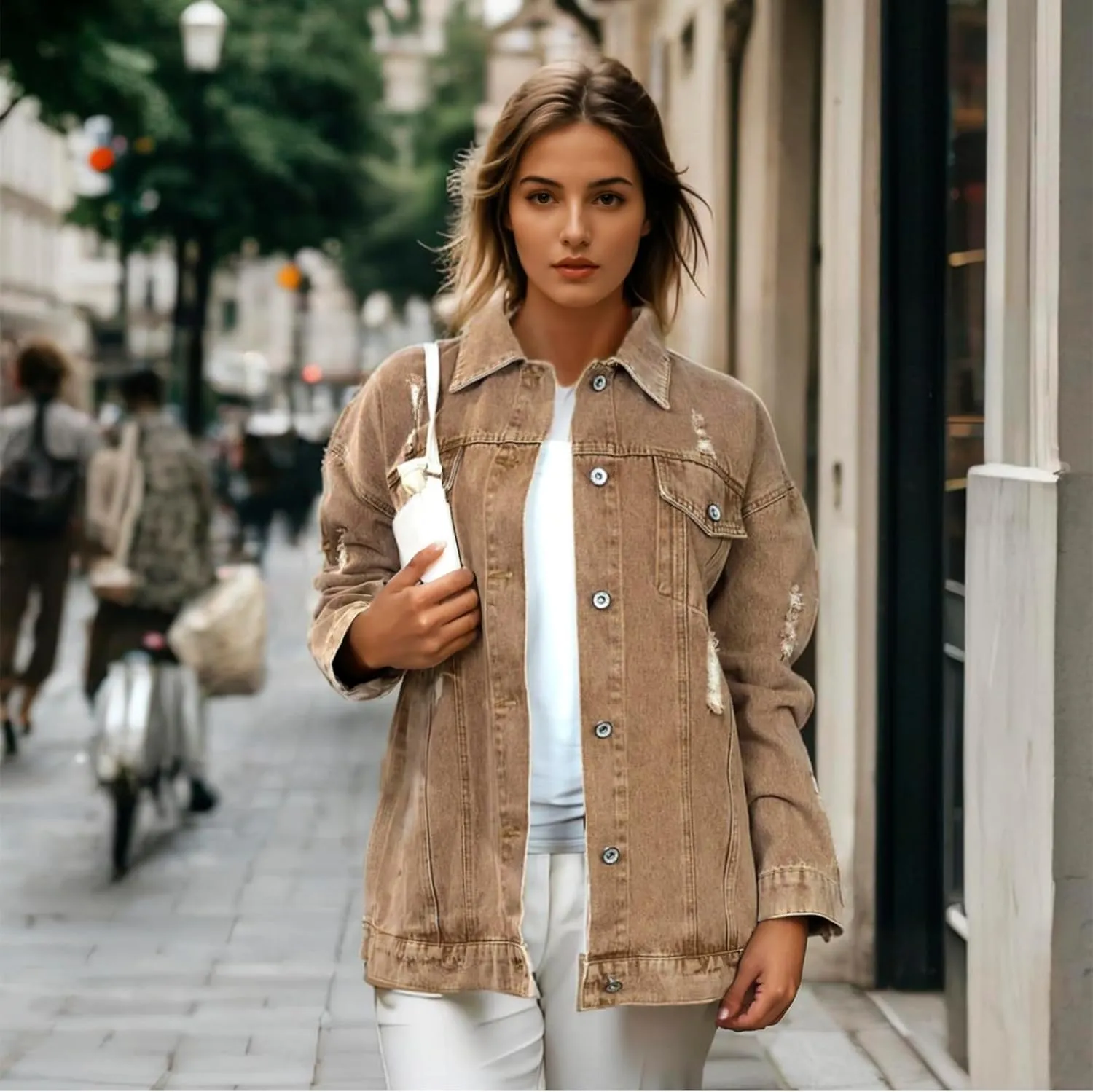 Women's Jean Jacket Denim Distressed Oversized Ripped Long Boyfriend Jacket Fall Soft Shacket Trucker Coat