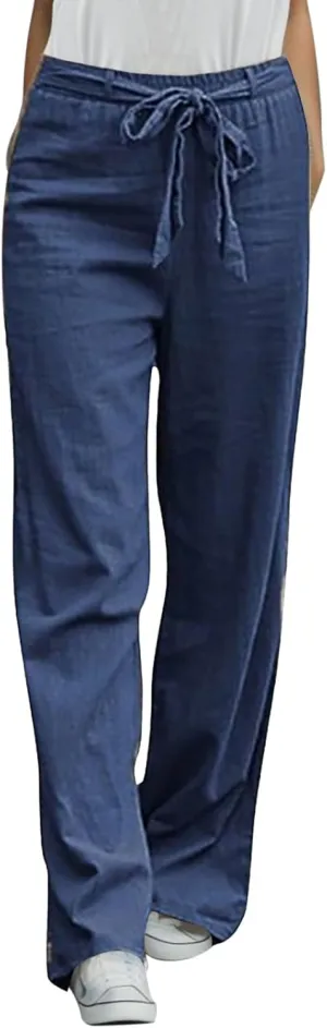 Women's Linen Blend Summer Casual Loose Pants Elastic Waist Lounge Pants Slim Fit Pant Trousers Work Business