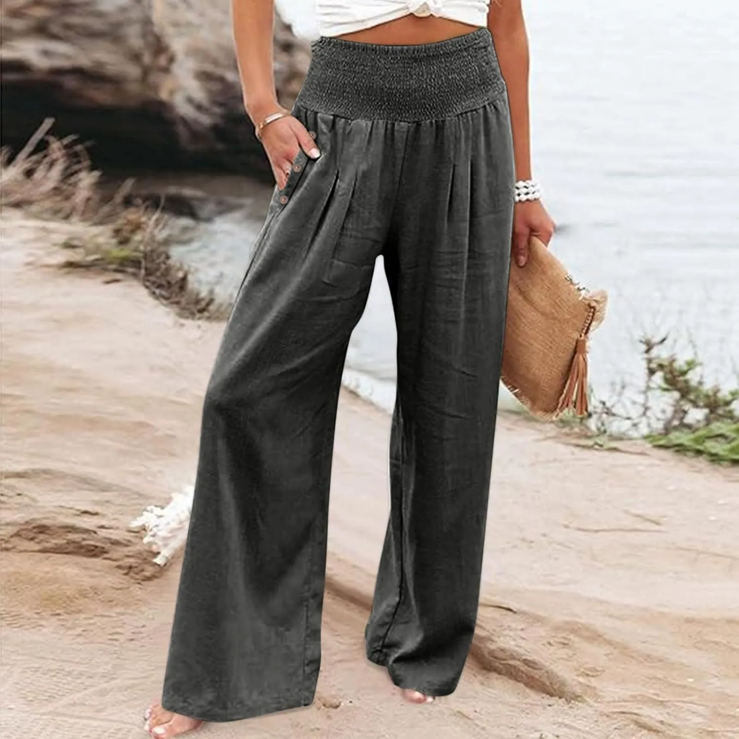 Women's Linen Blend Summer Fashion Palazzo Pants High Waist Wide Leg Plus Size Pant Trousers Beach