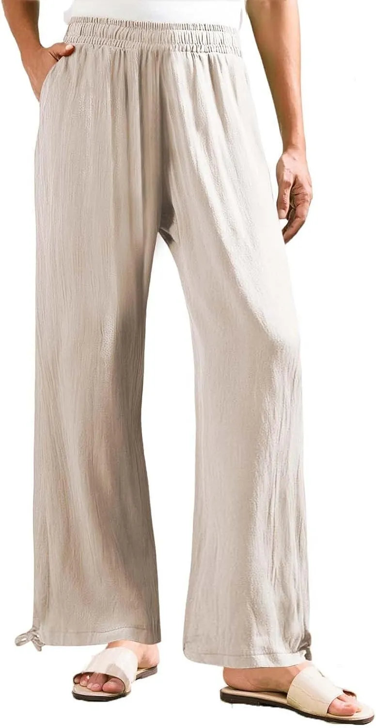 Womens Linen Pant 2025 Summer Casual Wide Leg Palazzo Pant Loose Smocked High Waist Work Slack Flowy Beach Trousers