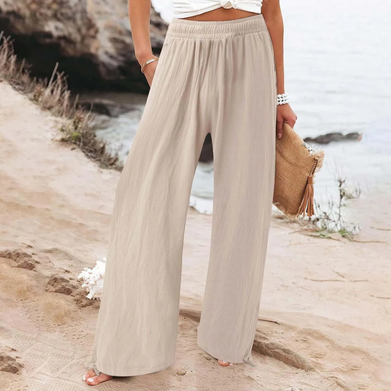 Womens Linen Pant 2025 Summer Casual Wide Leg Palazzo Pant Loose Smocked High Waist Work Slack Flowy Beach Trousers