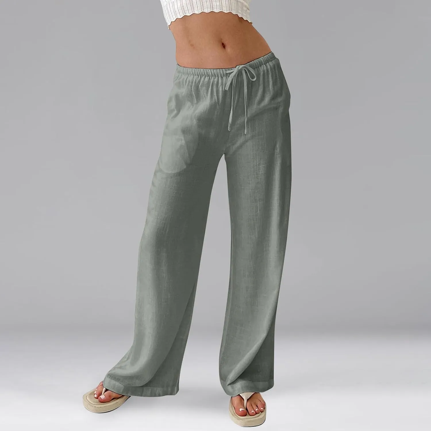 Womens Linen Pants Summer Drawstring Elastic Low Rise Wide Leg Pants Loose Flowy Vacation Trousers with Pockets
