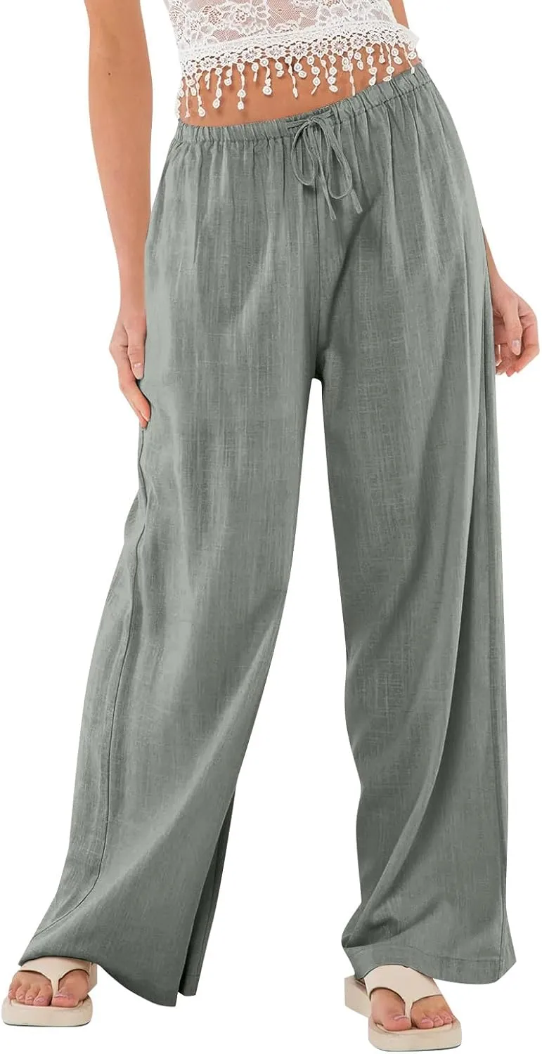 Womens Linen Pants Summer Drawstring Elastic Low Rise Wide Leg Pants Loose Flowy Vacation Trousers with Pockets