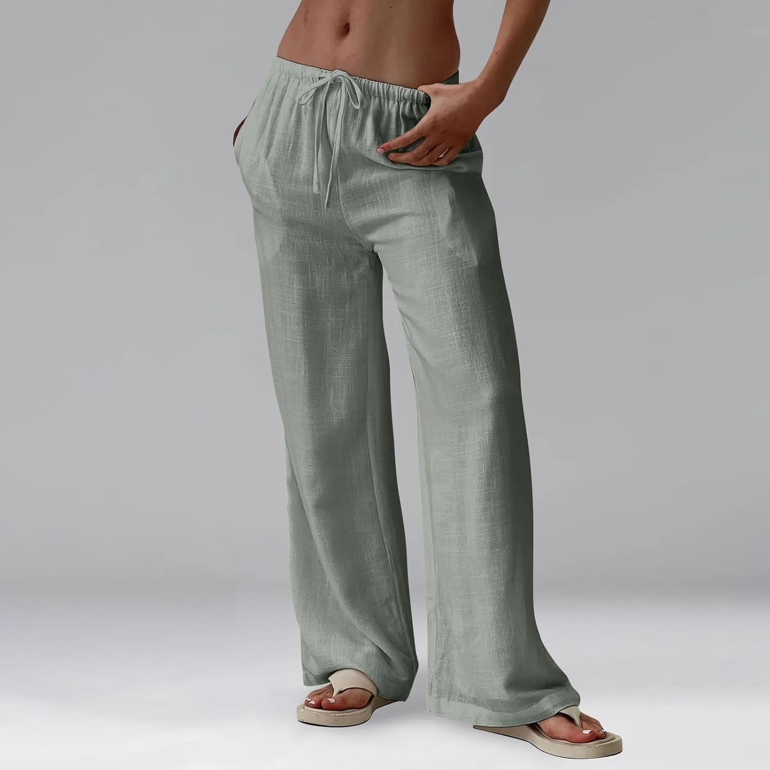 Womens Linen Pants Summer Drawstring Elastic Low Rise Wide Leg Pants Loose Flowy Vacation Trousers with Pockets