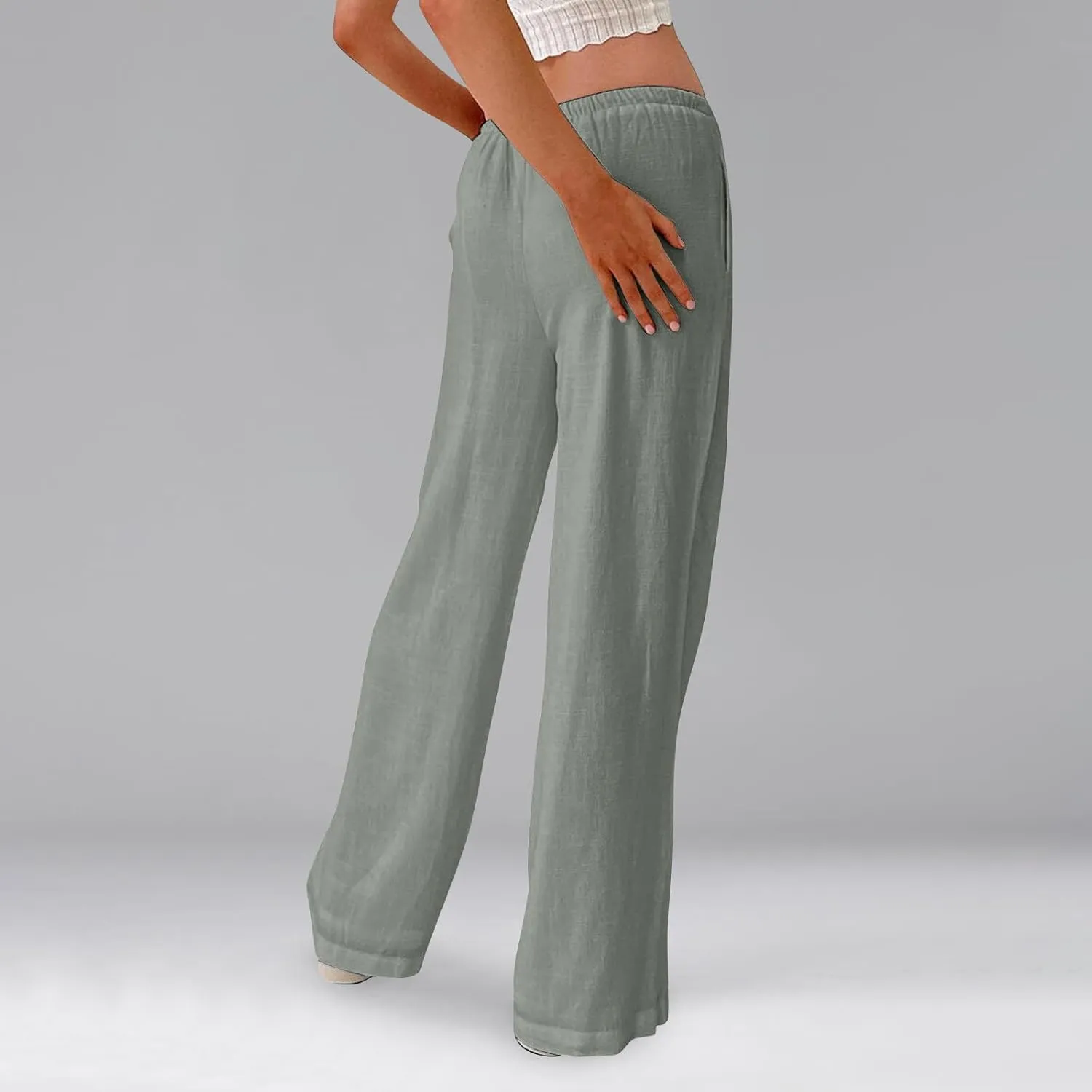 Womens Linen Pants Summer Drawstring Elastic Low Rise Wide Leg Pants Loose Flowy Vacation Trousers with Pockets