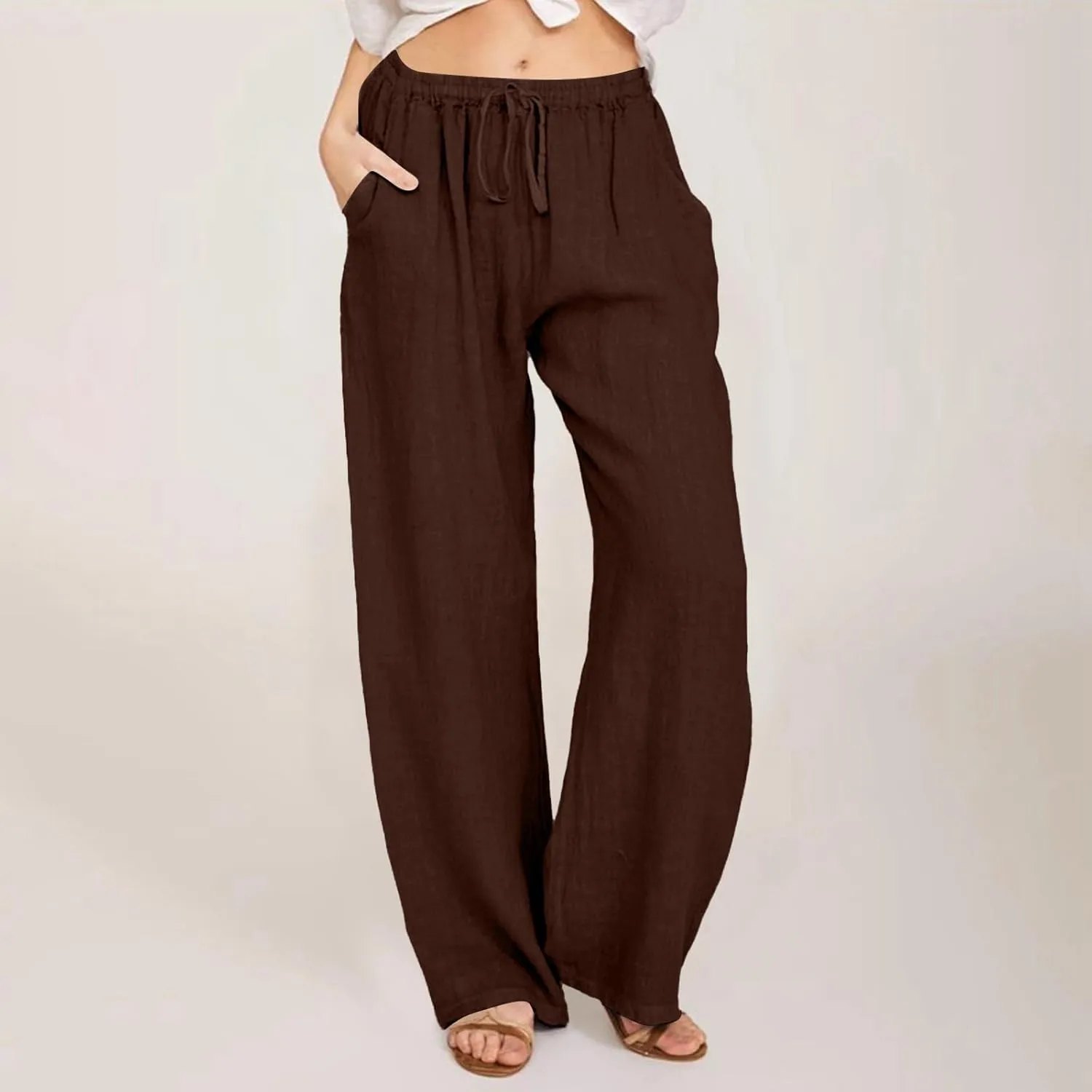 Women's Linen Pants Summer Lightweight Wide Leg Pants Drawstring Trousers Casual Travel Beach Pants with Pockets