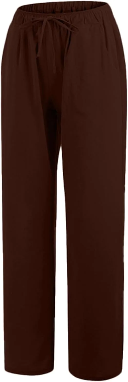 Women's Linen Pants Summer Lightweight Wide Leg Pants Drawstring Trousers Casual Travel Beach Pants with Pockets