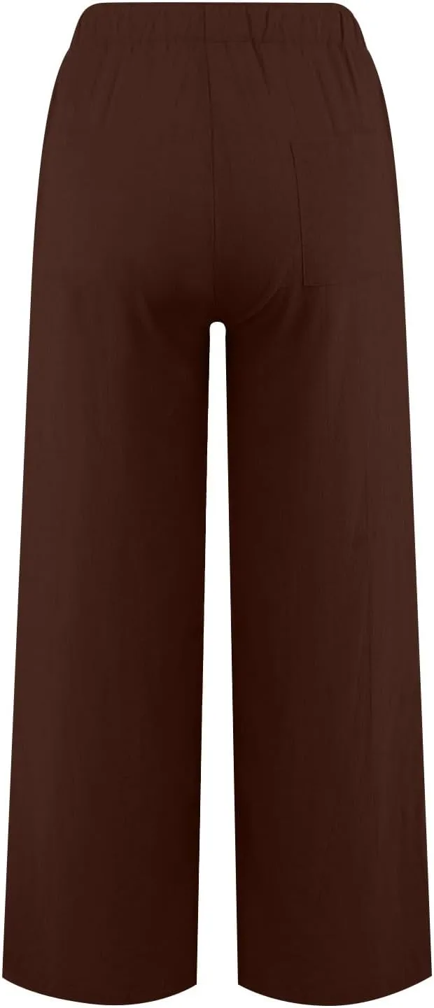 Women's Linen Pants Summer Lightweight Wide Leg Pants Drawstring Trousers Casual Travel Beach Pants with Pockets