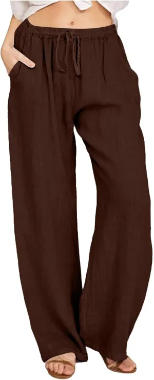 Women's Linen Pants Summer Lightweight Wide Leg Pants Drawstring Trousers Casual Travel Beach Pants with Pockets