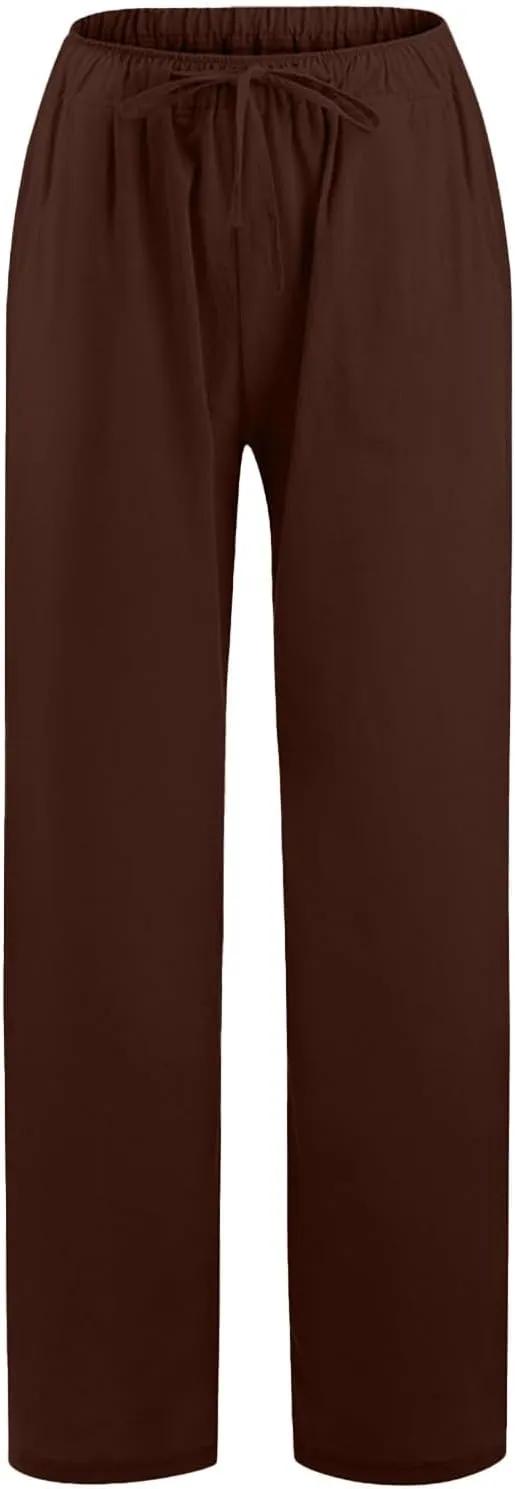 Women's Linen Pants Summer Lightweight Wide Leg Pants Drawstring Trousers Casual Travel Beach Pants with Pockets