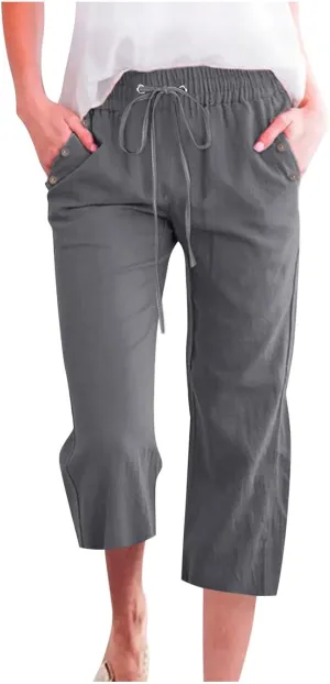 Womens Linen Striped Capris Summer Capri Pants 2025 Summer 2025 Wide Leg Loose Drawstring Elastic Waist Cropped Trouser
