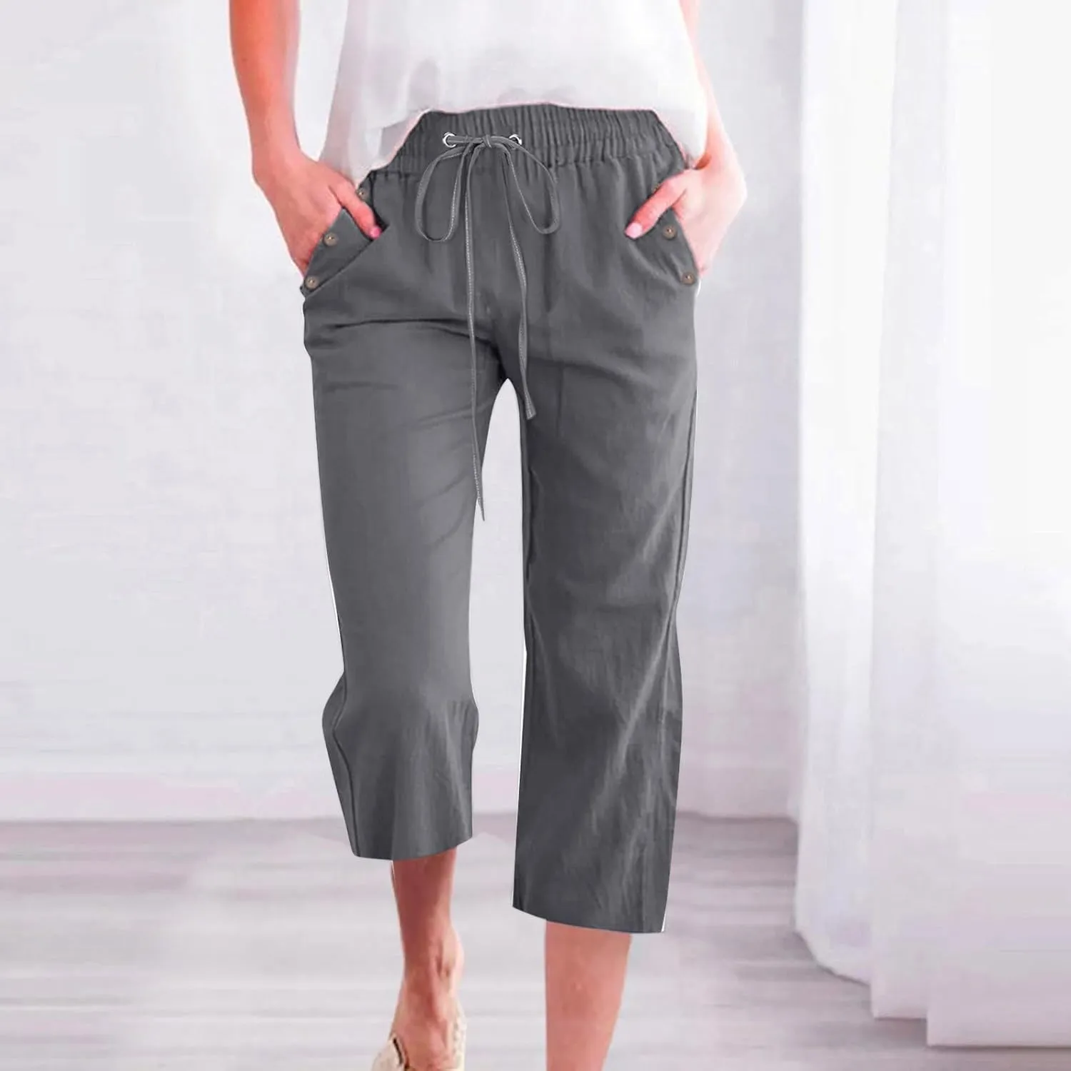 Womens Linen Striped Capris Summer Capri Pants 2025 Summer 2025 Wide Leg Loose Drawstring Elastic Waist Cropped Trouser