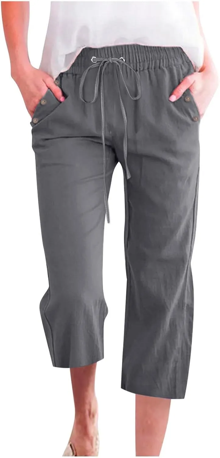 Womens Linen Striped Capris Summer Capri Pants 2025 Summer 2025 Wide Leg Loose Drawstring Elastic Waist Cropped Trouser
