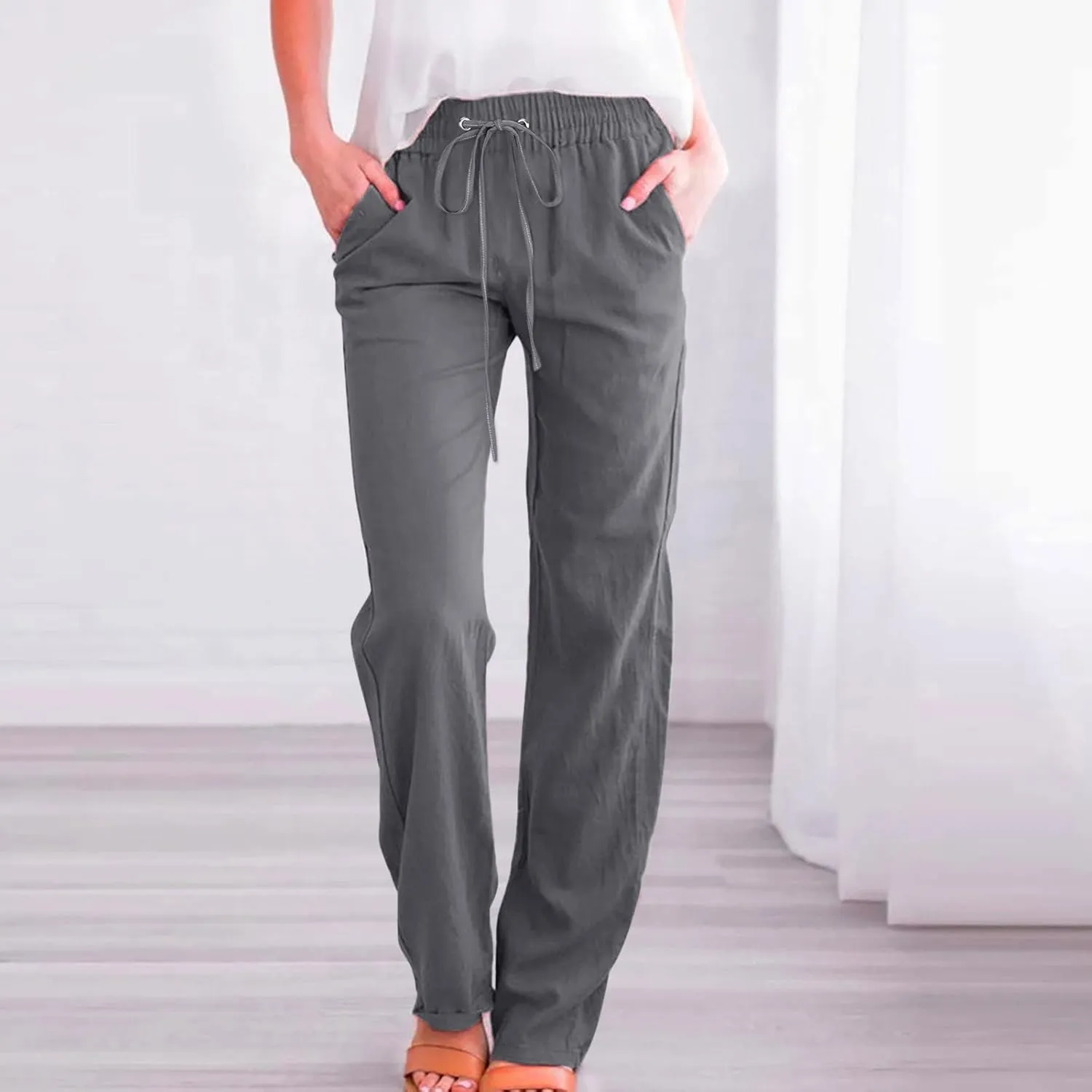 Women's Linen Summer Flowy Palazzo Lounge Pants Elastic Waist Stretchy Straight Loose Fit Palazzo Pants Beach