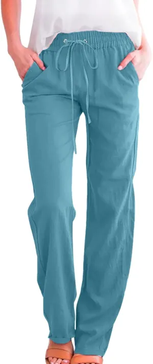 Women's Linen Summer Flowy Palazzo Lounge Pants Elastic Waist Stretchy Straight Loose Fit Palazzo Pants Beach