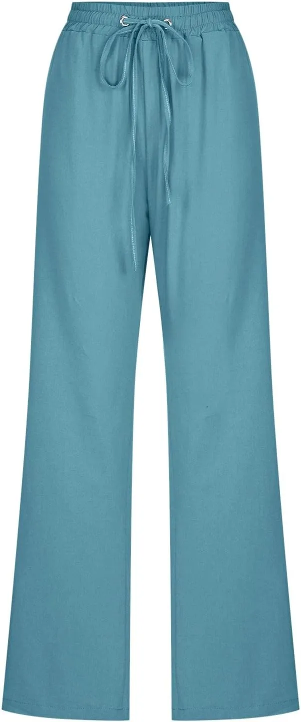 Women's Linen Summer Flowy Palazzo Lounge Pants Elastic Waist Stretchy Straight Loose Fit Palazzo Pants Beach
