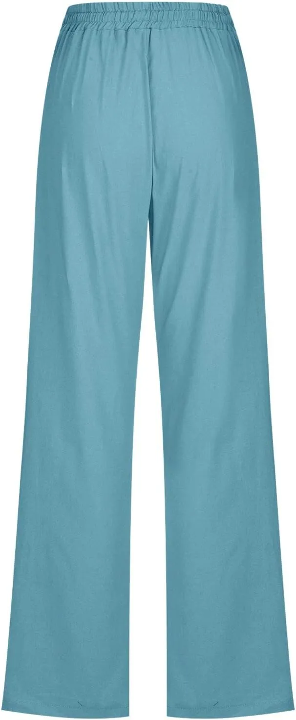 Women's Linen Summer Flowy Palazzo Lounge Pants Elastic Waist Stretchy Straight Loose Fit Palazzo Pants Beach