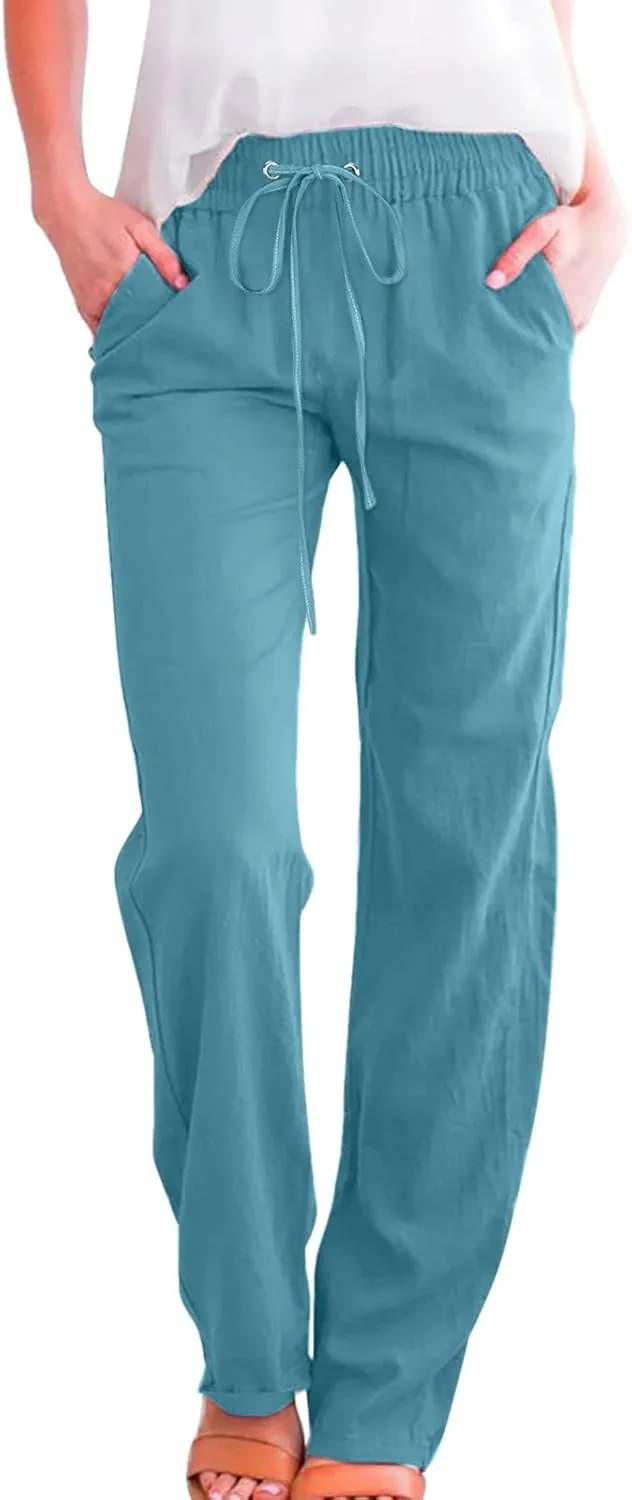 Women's Linen Summer Flowy Palazzo Lounge Pants Elastic Waist Stretchy Straight Loose Fit Palazzo Pants Beach