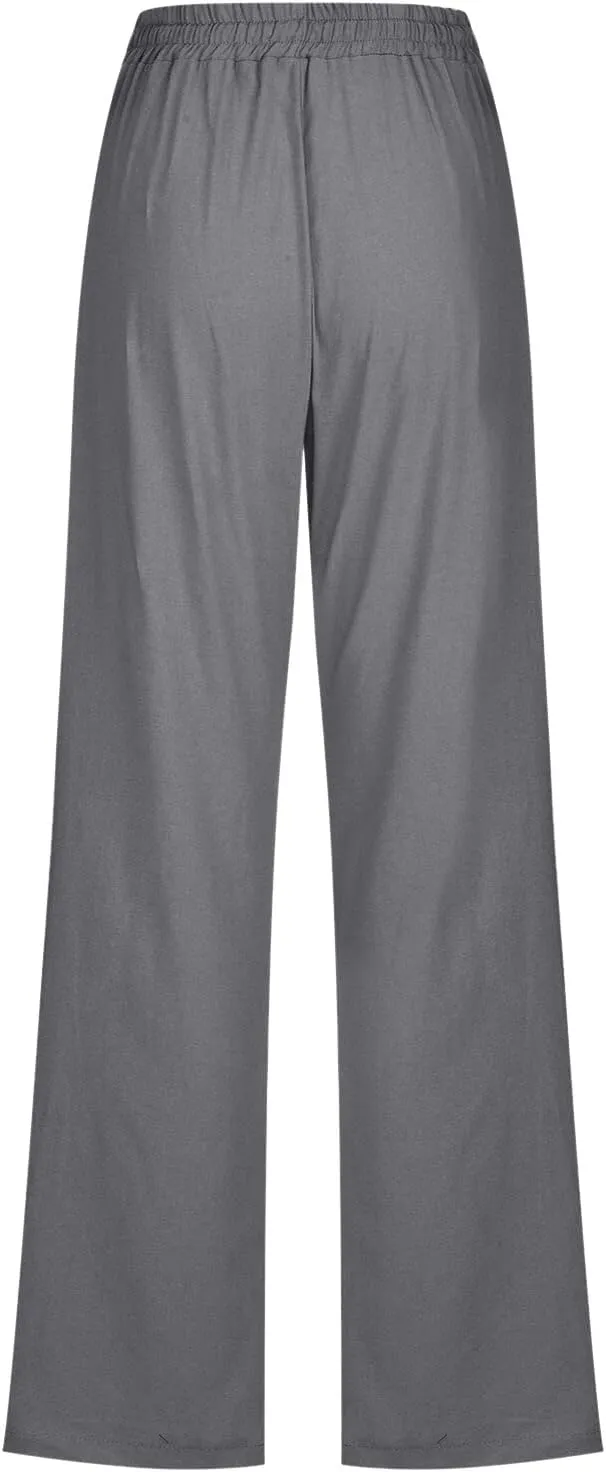 Women's Linen Summer Flowy Palazzo Lounge Pants Elastic Waist Stretchy Straight Loose Fit Palazzo Pants Beach