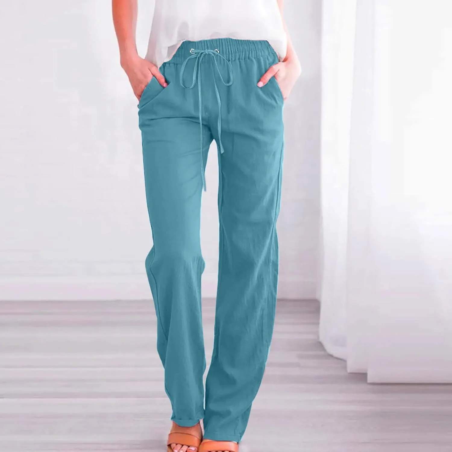 Women's Linen Summer Flowy Palazzo Lounge Pants Elastic Waist Stretchy Straight Loose Fit Palazzo Pants Beach