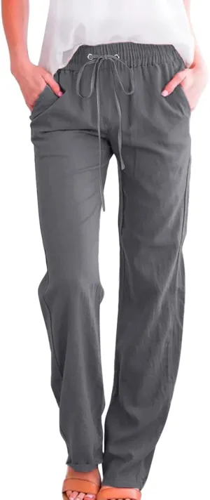 Women's Linen Summer Flowy Palazzo Lounge Pants Elastic Waist Stretchy Straight Loose Fit Palazzo Pants Beach