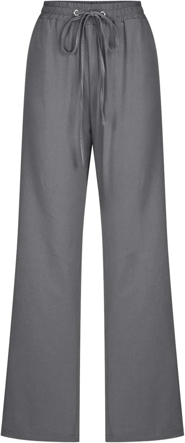 Women's Linen Summer Flowy Palazzo Lounge Pants Elastic Waist Stretchy Straight Loose Fit Palazzo Pants Beach