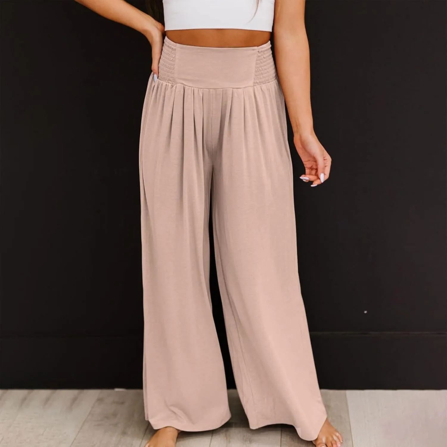 Women's Linen Summer Letter Patched Palazzo Pants High Waist Wide Leg Loose Fit Palazzo Lounge Pants Vacation