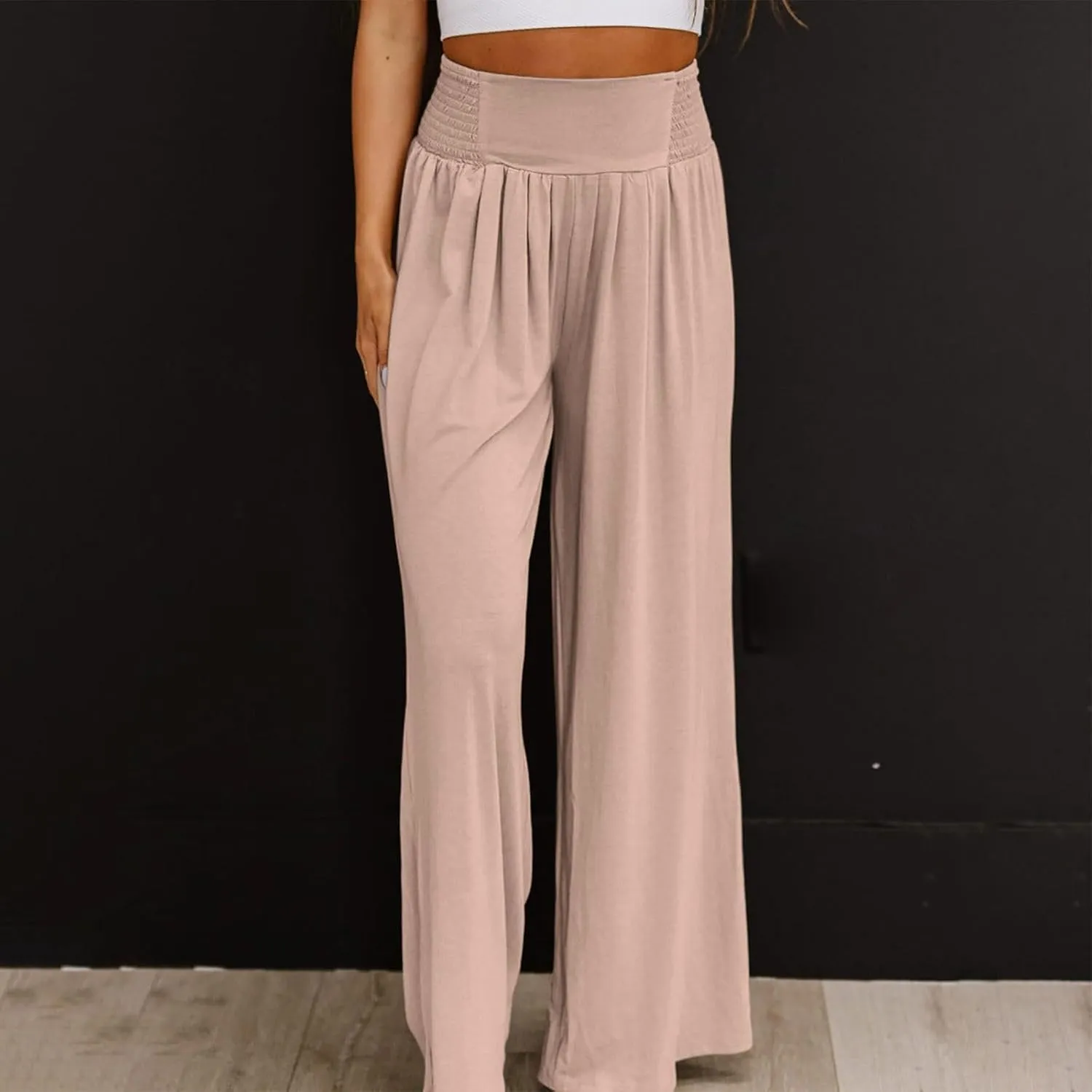 Women's Linen Summer Letter Patched Palazzo Pants High Waist Wide Leg Loose Fit Palazzo Lounge Pants Vacation