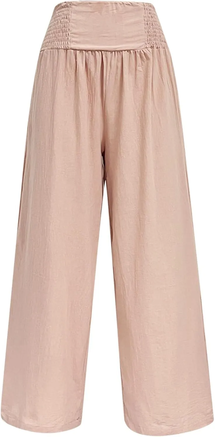 Women's Linen Summer Letter Patched Palazzo Pants High Waist Wide Leg Loose Fit Palazzo Lounge Pants Vacation