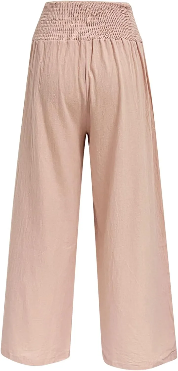 Women's Linen Summer Letter Patched Palazzo Pants High Waist Wide Leg Loose Fit Palazzo Lounge Pants Vacation