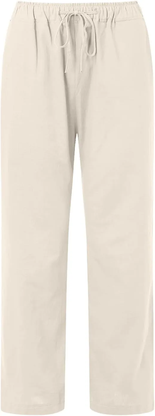 Women's Linen Summer Loose Flowy Pants Elastic Waisted Bootcut Slim-Fit Pant Trousers Beach