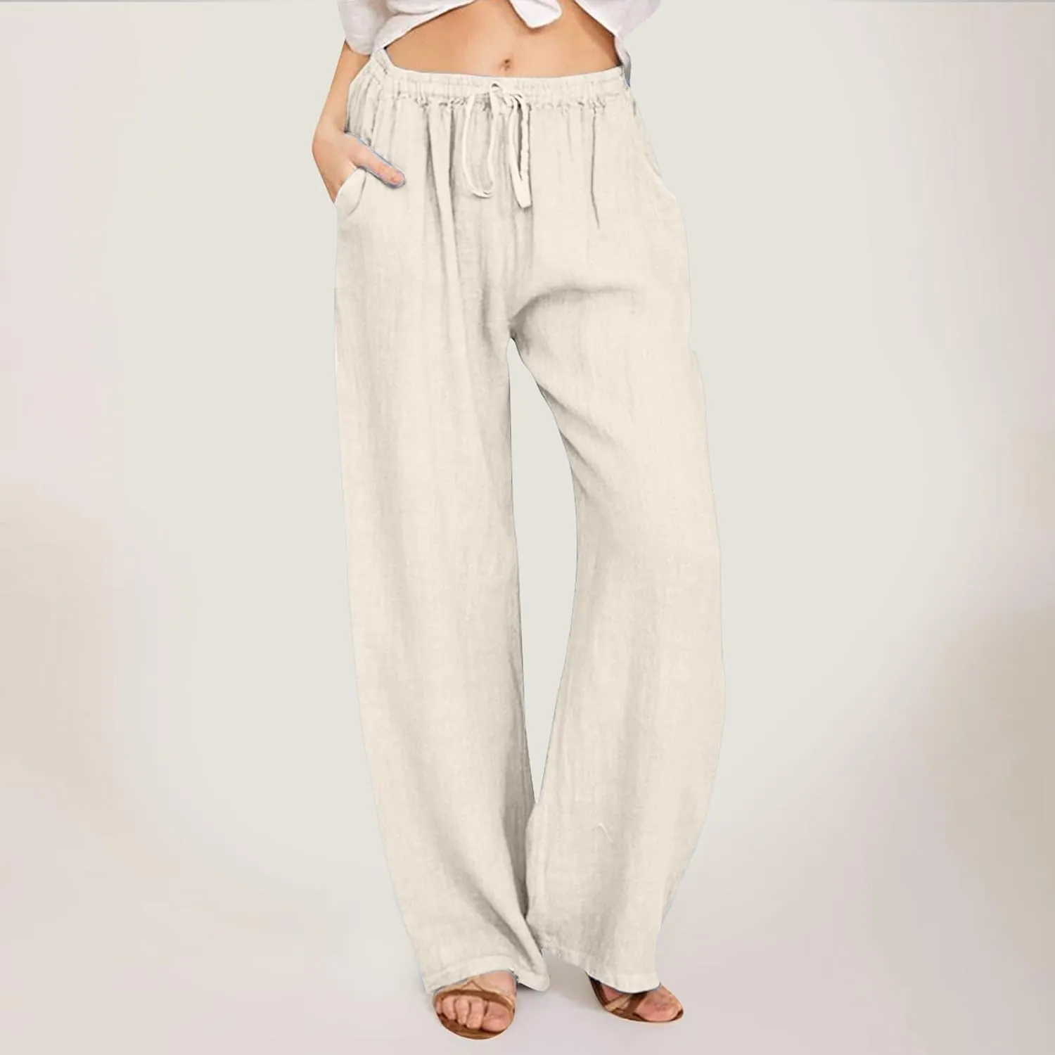 Women's Linen Summer Loose Flowy Pants Elastic Waisted Bootcut Slim-Fit Pant Trousers Beach