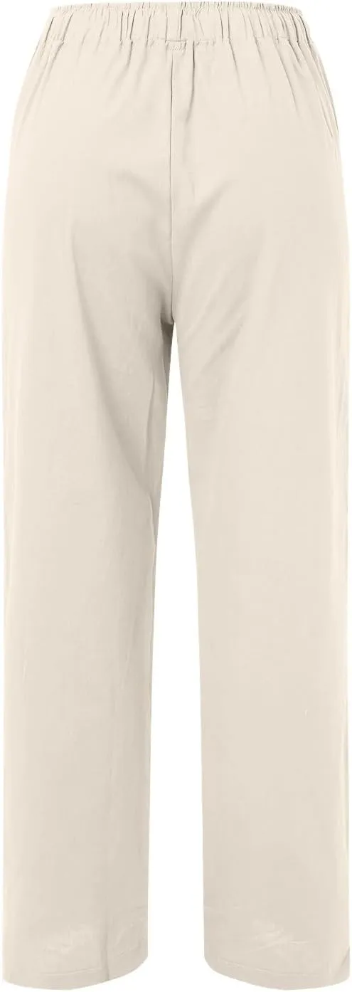 Women's Linen Summer Loose Flowy Pants Elastic Waisted Bootcut Slim-Fit Pant Trousers Beach