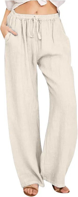 Women's Linen Summer Loose Flowy Pants Elastic Waisted Bootcut Slim-Fit Pant Trousers Beach