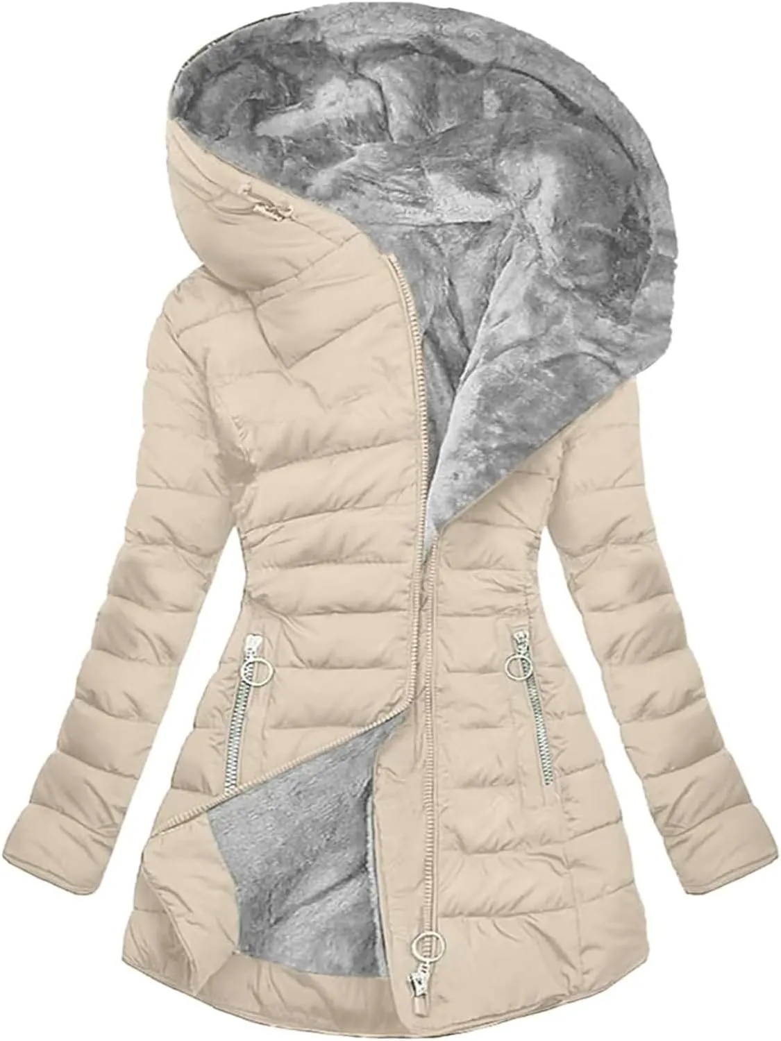 Women's Long Warm Thickened Winter Coat Offer Sherpa Lined Down Jacket Winter Cotton Padded Jacket Waterproof Fleece Coats Outdoor Women's Jacket(Apricot,XX-Large)
