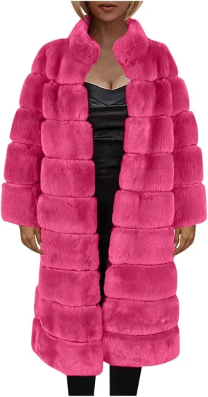 Womens Luxury Faux Fur Coats Winter Long Cardigan Vintage Fuzzy Warm Jacket Oversized Soft Solid Open Front Overcoat