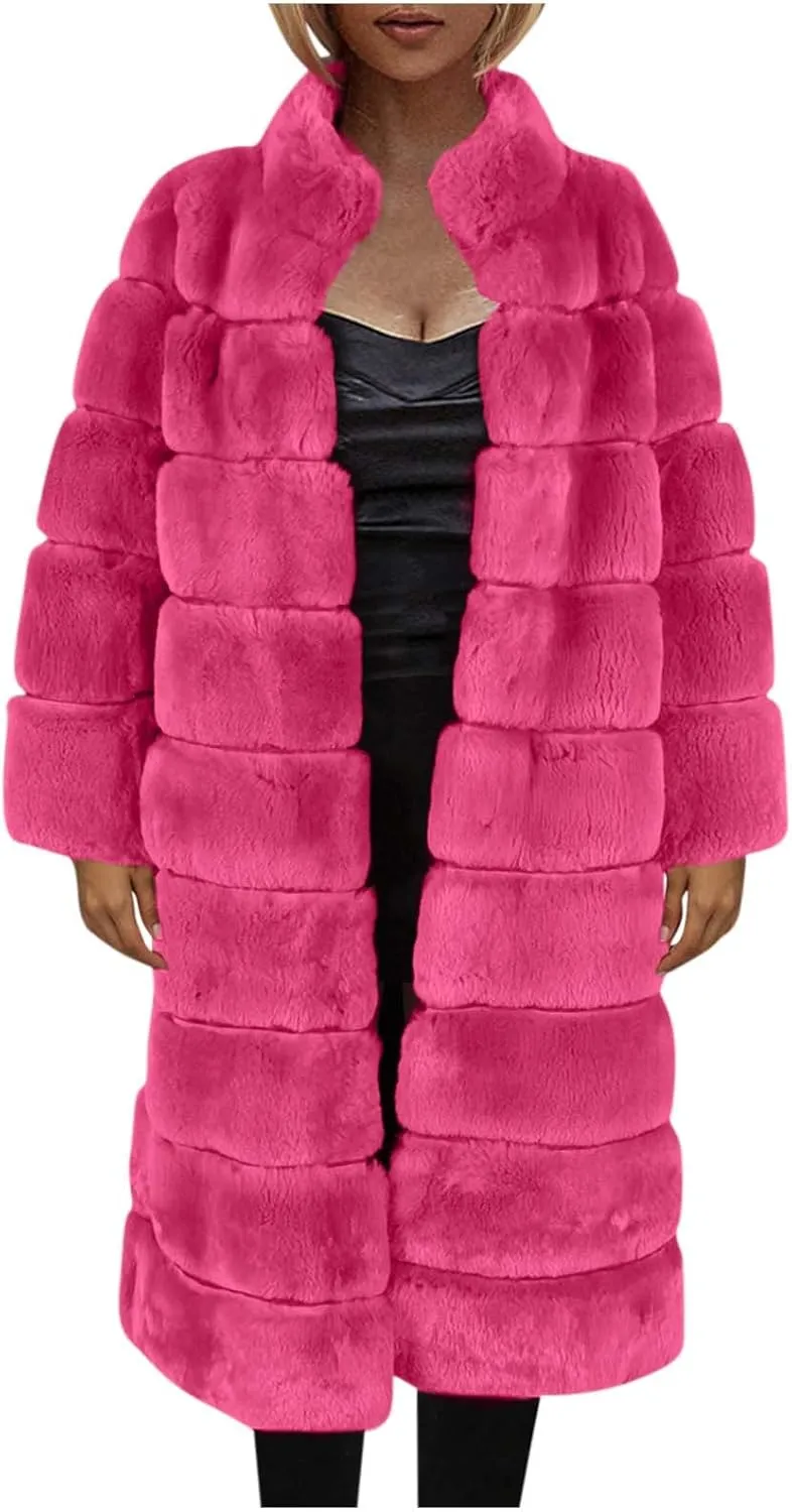 Womens Luxury Faux Fur Coats Winter Long Cardigan Vintage Fuzzy Warm Jacket Oversized Soft Solid Open Front Overcoat