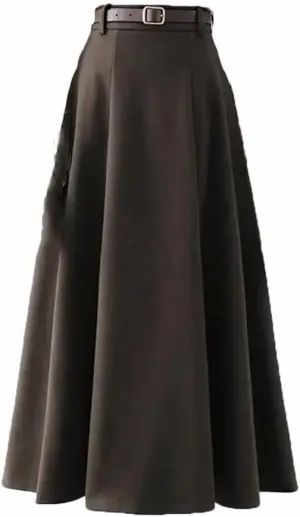 Women's Midi Skirt A Line Faux Wool Thick Belted Skirts High Waisted Slim Long Skirt