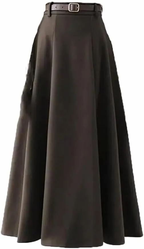 Women's Midi Skirt A Line Faux Wool Thick Belted Skirts High Waisted Slim Long Skirt