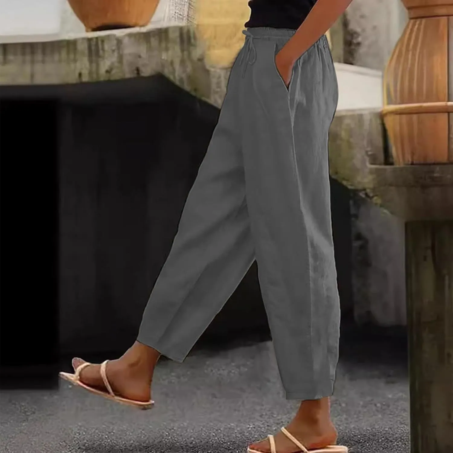 Women's Petite Cotton Linen Pants Straight Leg Elastic Drawstring Casual Trousers with Pockets Summer Lounge Pants