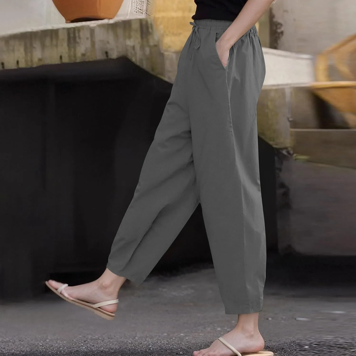 Women's Petite Cotton Linen Pants Straight Leg Elastic Drawstring Casual Trousers with Pockets Summer Lounge Pants