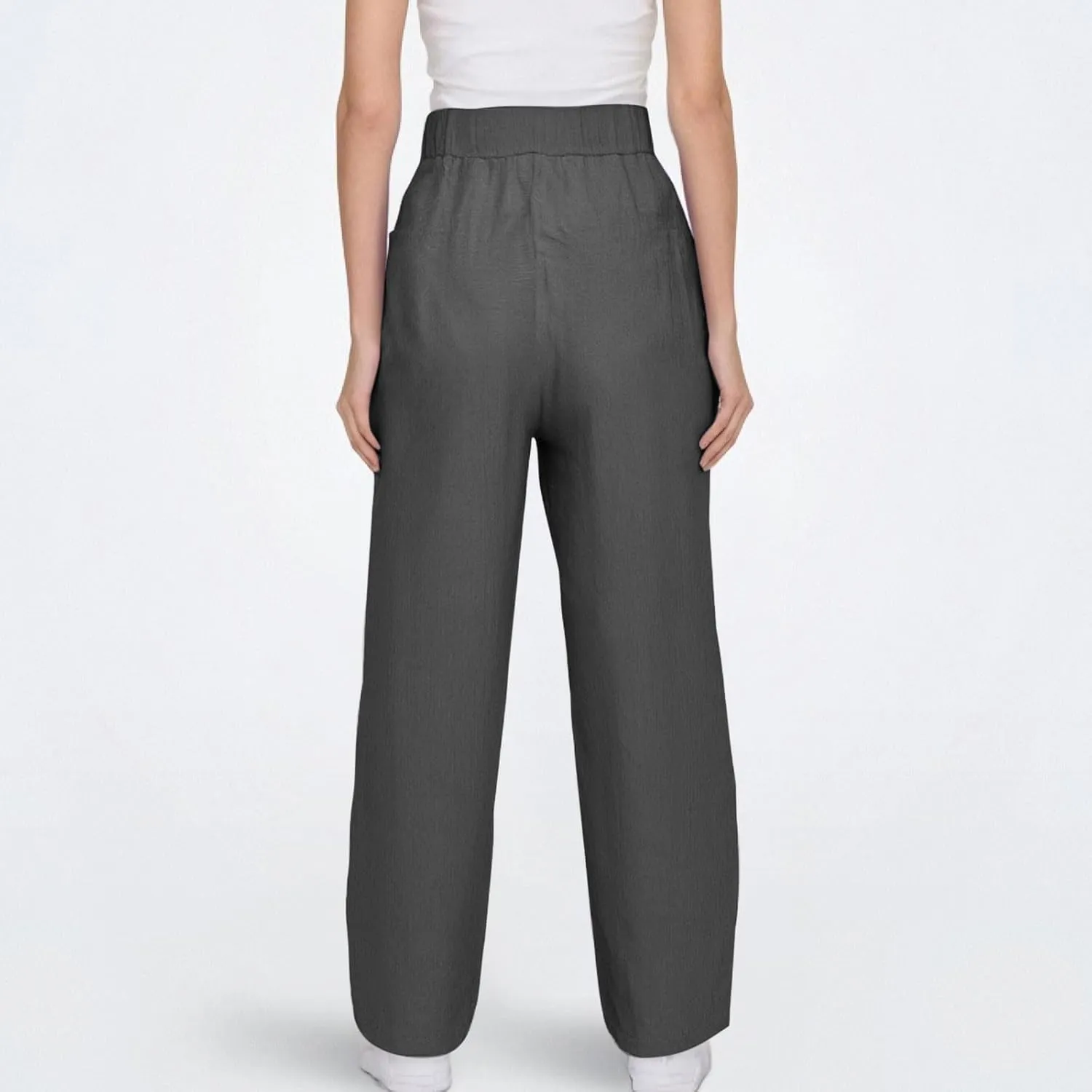 Women's Petite Cotton Linen Pants Straight Leg Elastic Drawstring Casual Trousers with Pockets Summer Lounge Pants